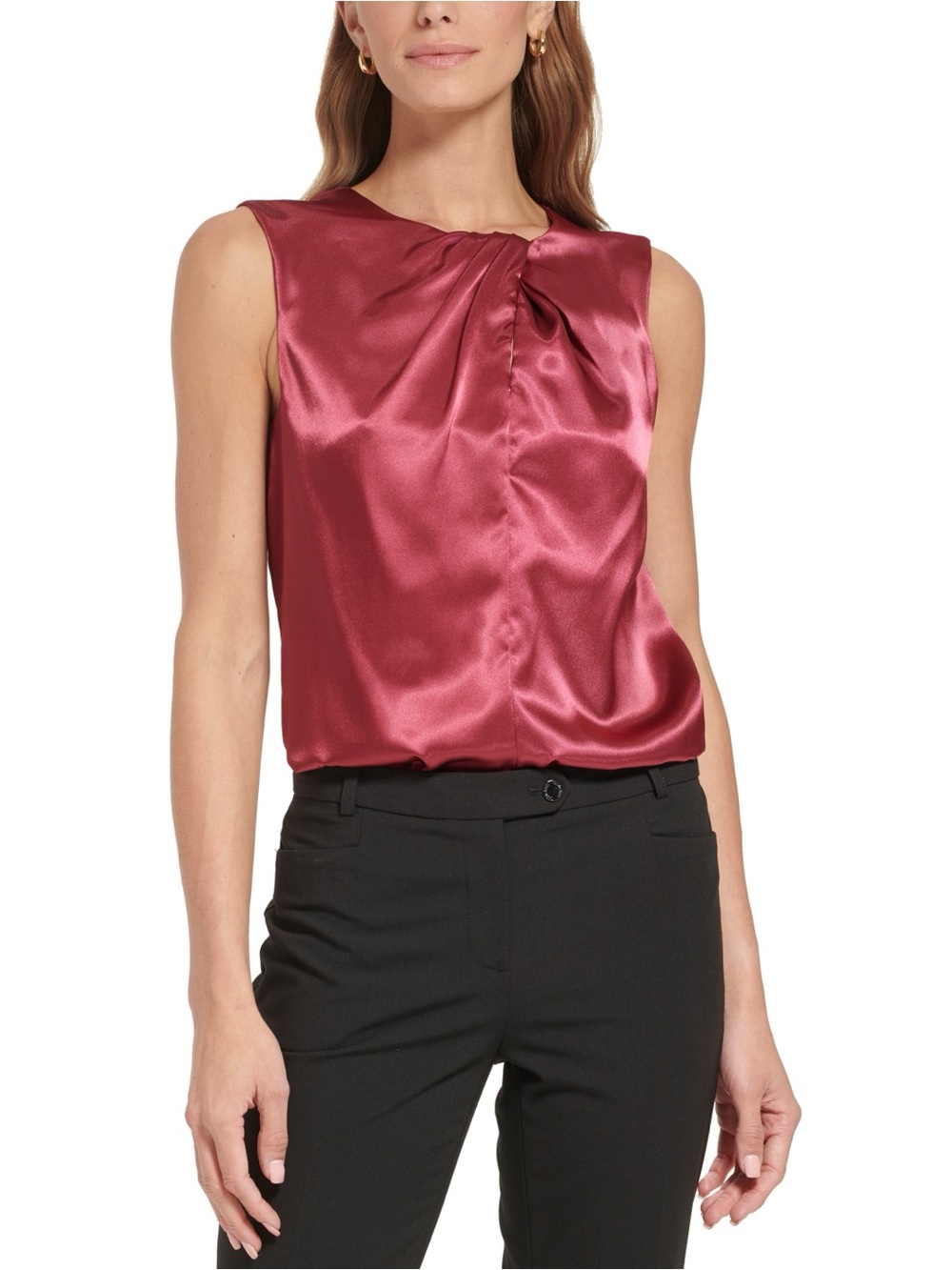 Calvin Klein Satin Twist-Neck Shell in Wine